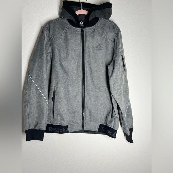 Reebok Softshell Athletic Jacket Full zip Hooded Gray Black Size L Fleece Lined - Picture 3 of 13